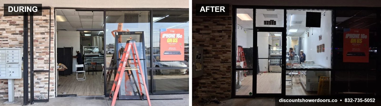 During and after: commercial glass entry door and storefront installation at a stone-front retail space, Houston TX