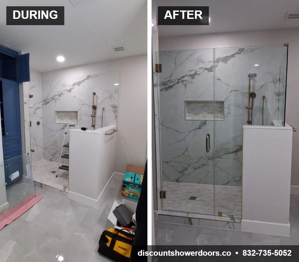 During and after: frameless shower door and panel installed in a white marble-look tile bathroom with matte black hardware, Houston TX