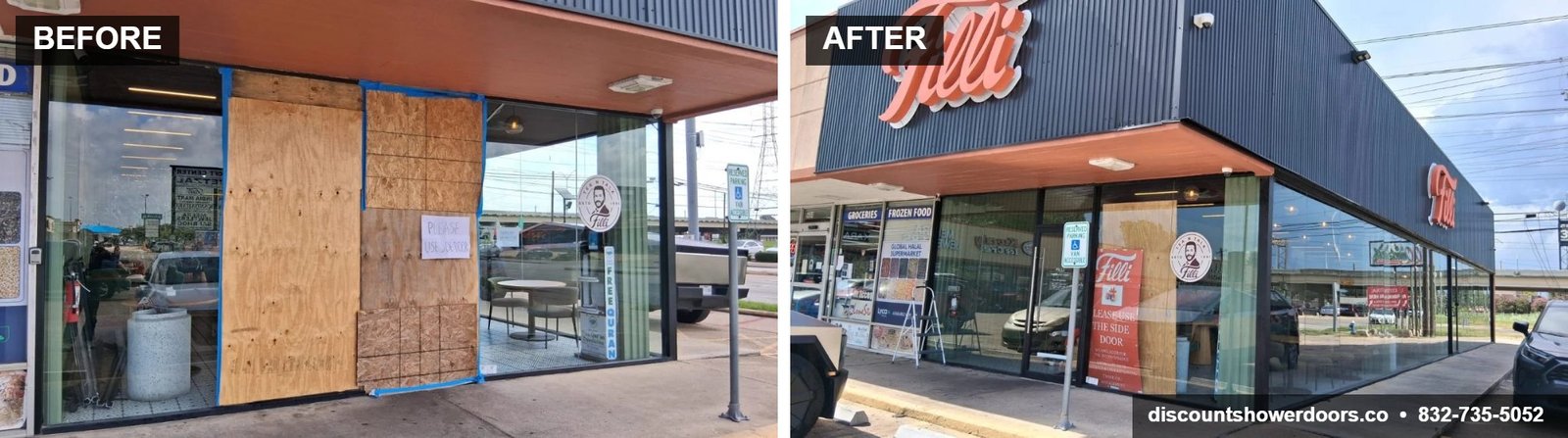 Before and after: boarded restaurant storefront restored with new tempered storefront glass, commercial glass replacement Houston TX