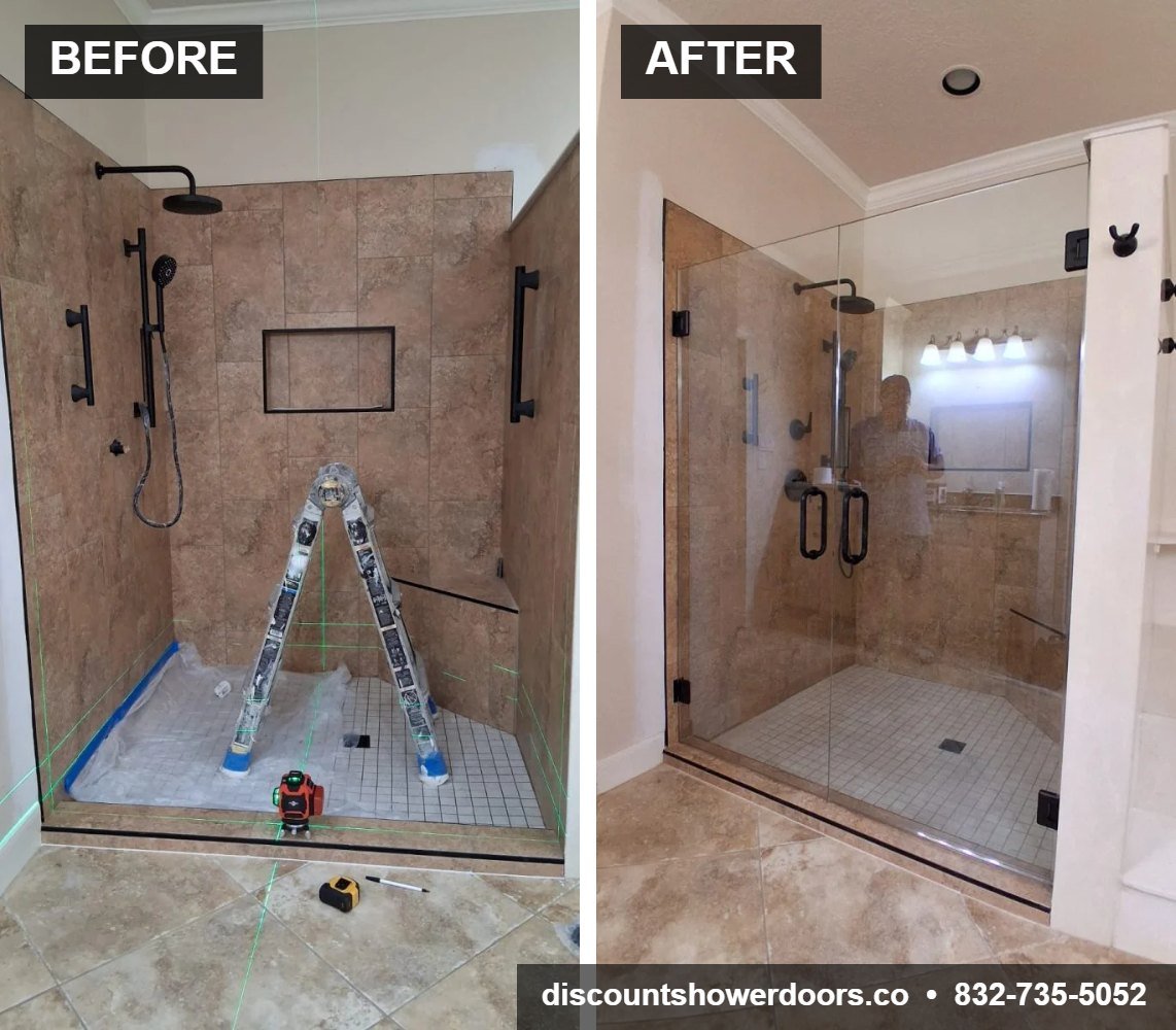 Before and after: walk-in shower converted to a custom frameless glass enclosure with bench, matte black hardware, Houston TX