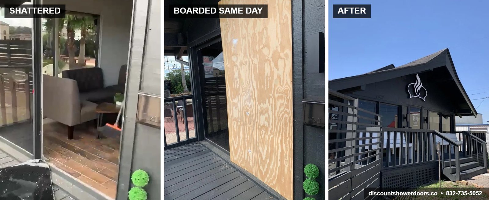 Shattered commercial glass door, boarded up the same day, then replaced with new tempered glass: emergency commercial glass replacement in Houston TX