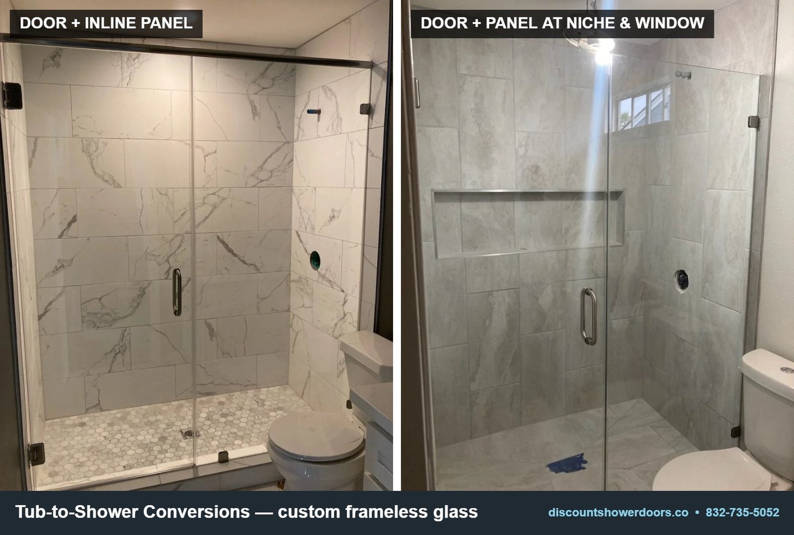 Two tub-to-shower conversions finished with custom frameless glass doors and panels, brushed nickel hardware, Houston TX