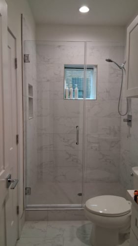 Frameless Hinged Shower Door with Inline Panel, White Tile — Houston TX