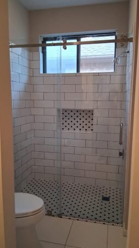 Frameless Shower Door, Subway Tile and Black Hardware — Houston TX