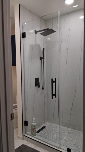 Frameless Shower Door, Matte Black Hardware and Rain Shower — Houston TX