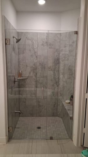 Frameless Shower Enclosure, Large-Format Marble Tile — Houston TX