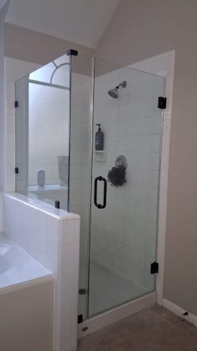 Frameless Shower Door, Matte Black Handle, White Marble Bathroom — Houston TX