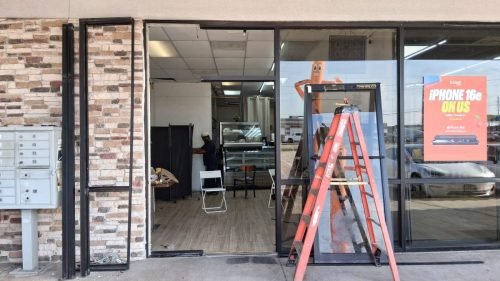 DURING: Commercial Glass Entry Door Installation — Houston TX