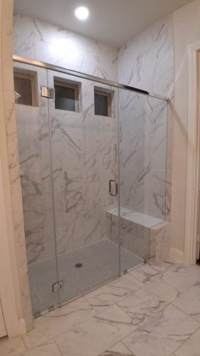 Frameless Glass Shower Panel and Door, Marble-Look Tile — Houston TX