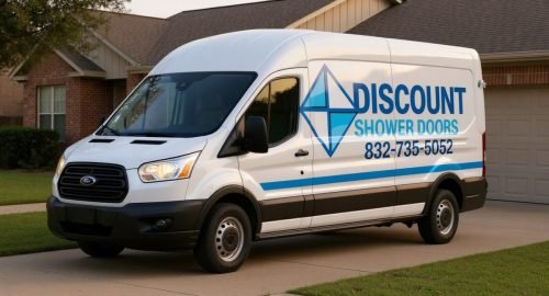 Discount Shower Doors Service Van — Houston, TX.Discount Shower Doors branded service van parked in a Houston driveway