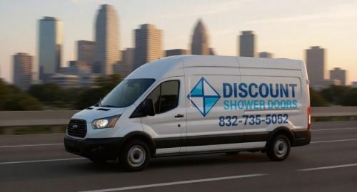 Discount Shower Doors Van — Serving the Houston Metro.Discount Shower Doors service van on the road with the Houston skyline behind it